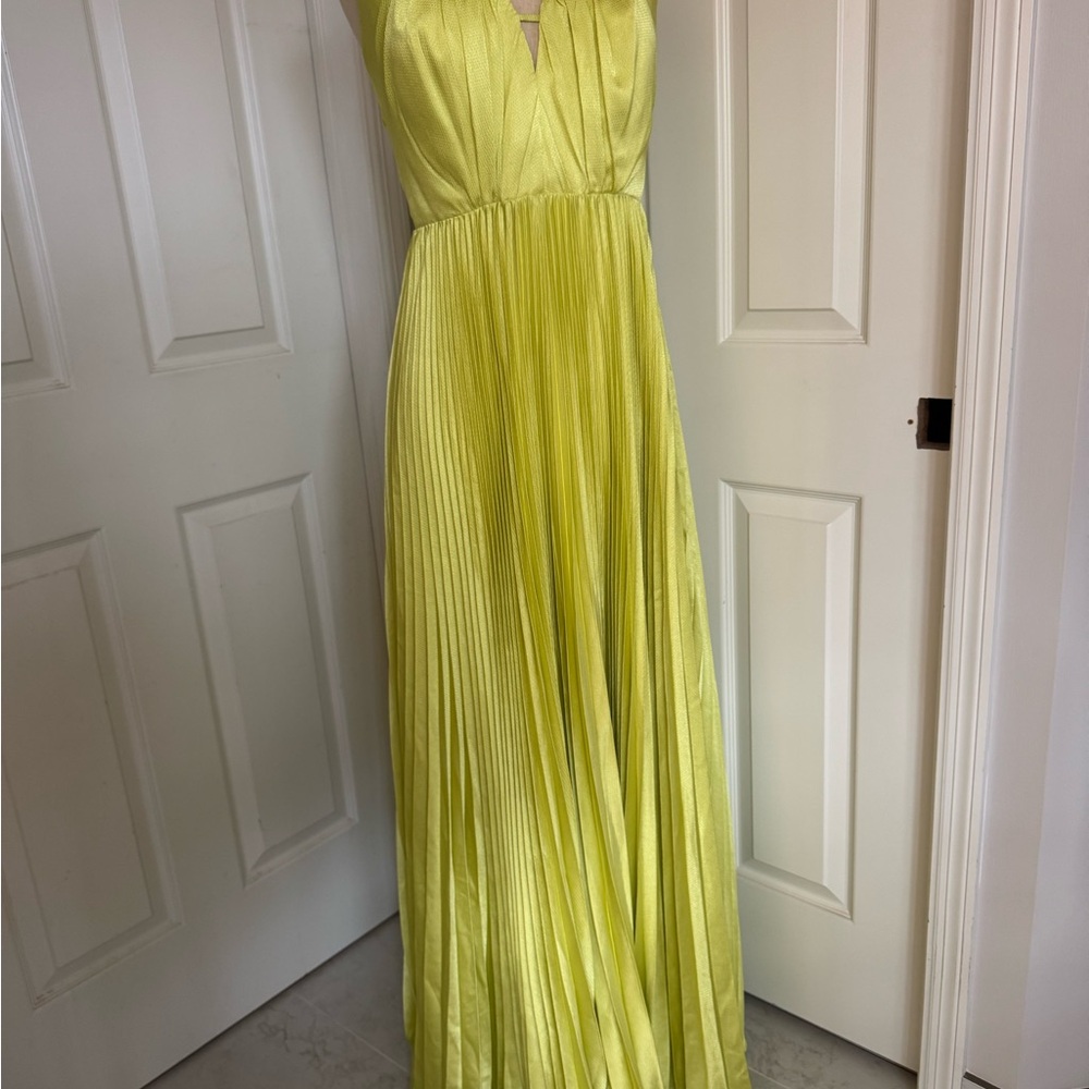 Pleated Lime Yellow V-Neck Maxi Dress